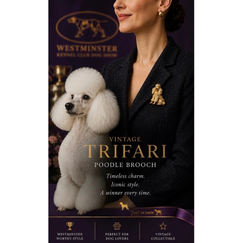 Vintage Trifari Gold Tone Poodle Dog Brooch Pin|Signed Designer Costume Jewelry